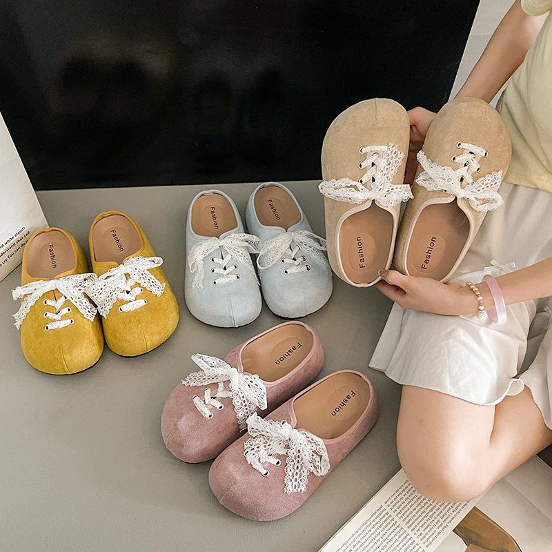 Versatile Bow Bag Head Half Slippers Women'S Outer Wear French Retro Birkenstocks Lace Platform Spring