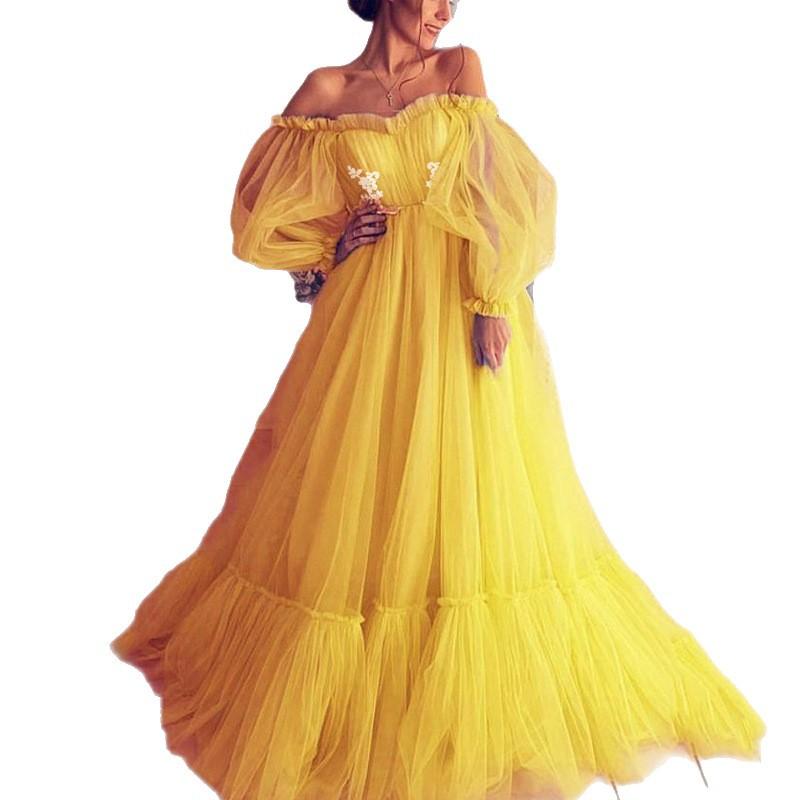 New European and American Women's Clothing Wish One-word Shoulder Mesh Long Wedding Dress Big Swing Dress New