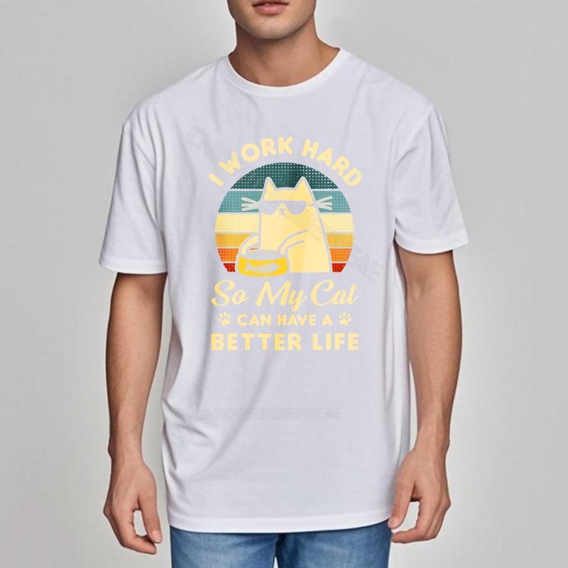Tee shirt Graphic Breathable Tee Work Hard For Cat Life Cotton Round Neck Tee Cool Men's T-shirt Travel