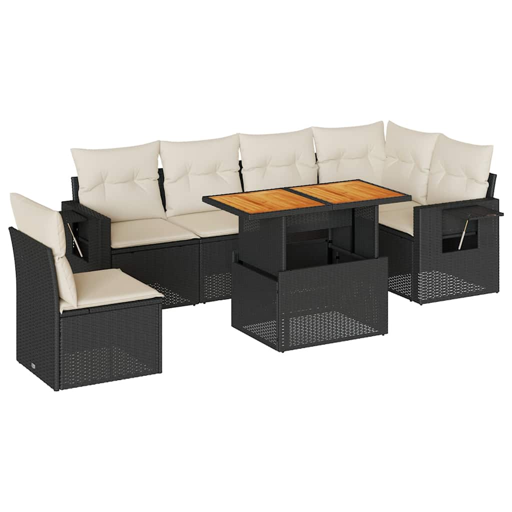 7 Piece Outdoor Sofa Set with Cushions Black PE Rattan