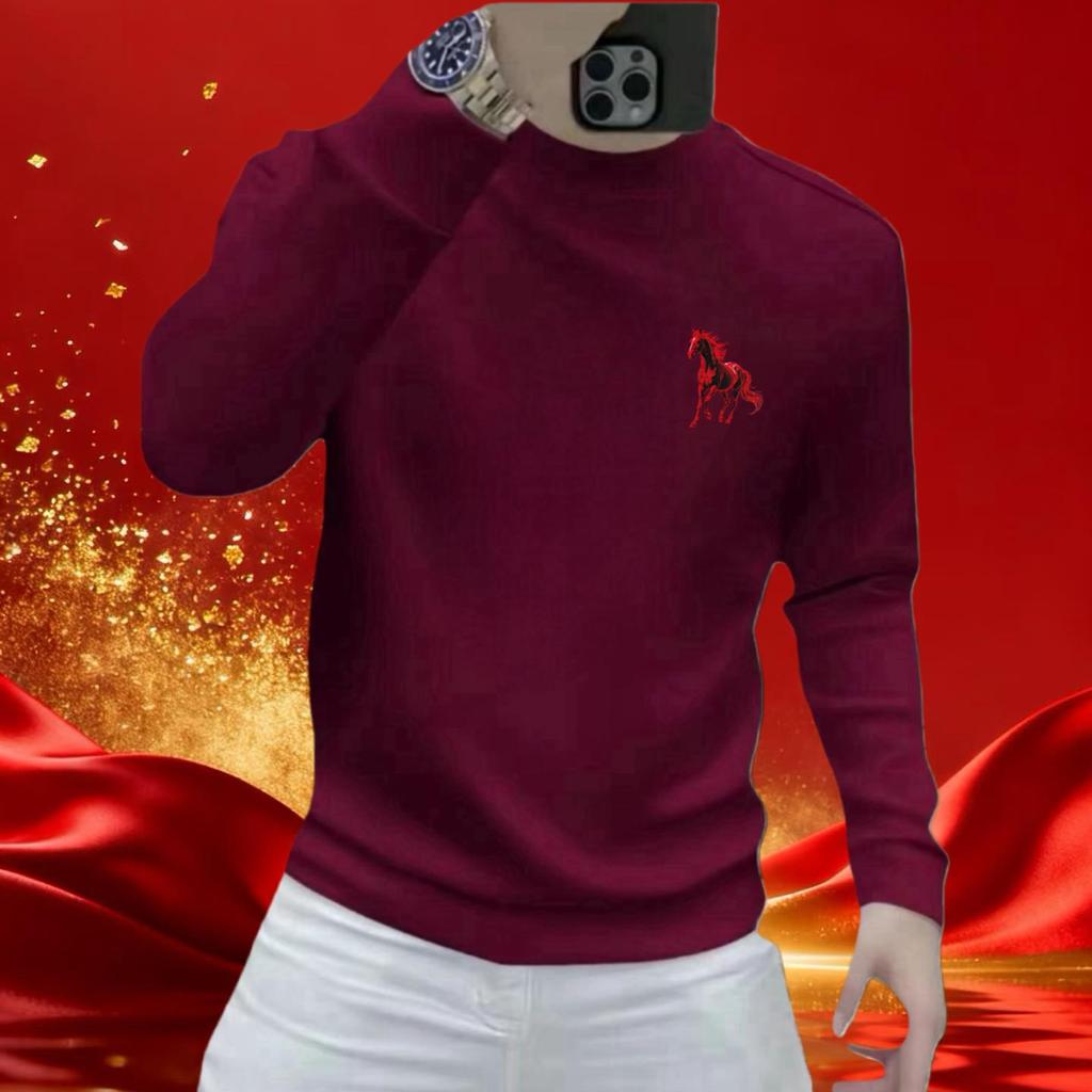 2026 Year of the Horse Zodiac Men's Red Hoodie - Cotton Print Long Sleeve T-Shirt Top