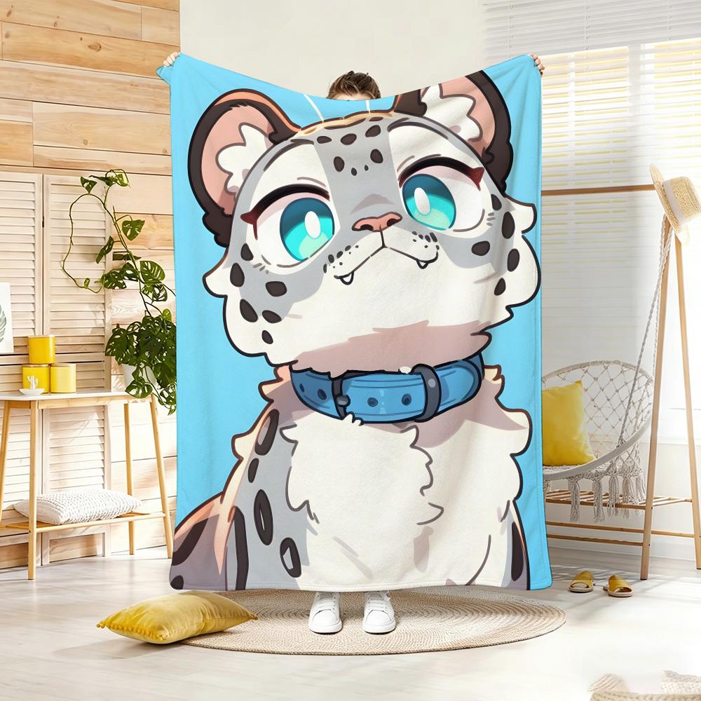 Cute Cartoon Calming Anima Snow Leopard Throw Lightweight 240g Flannel Blanket Soft Skin-friendly for Summer Cooling 75x90cm