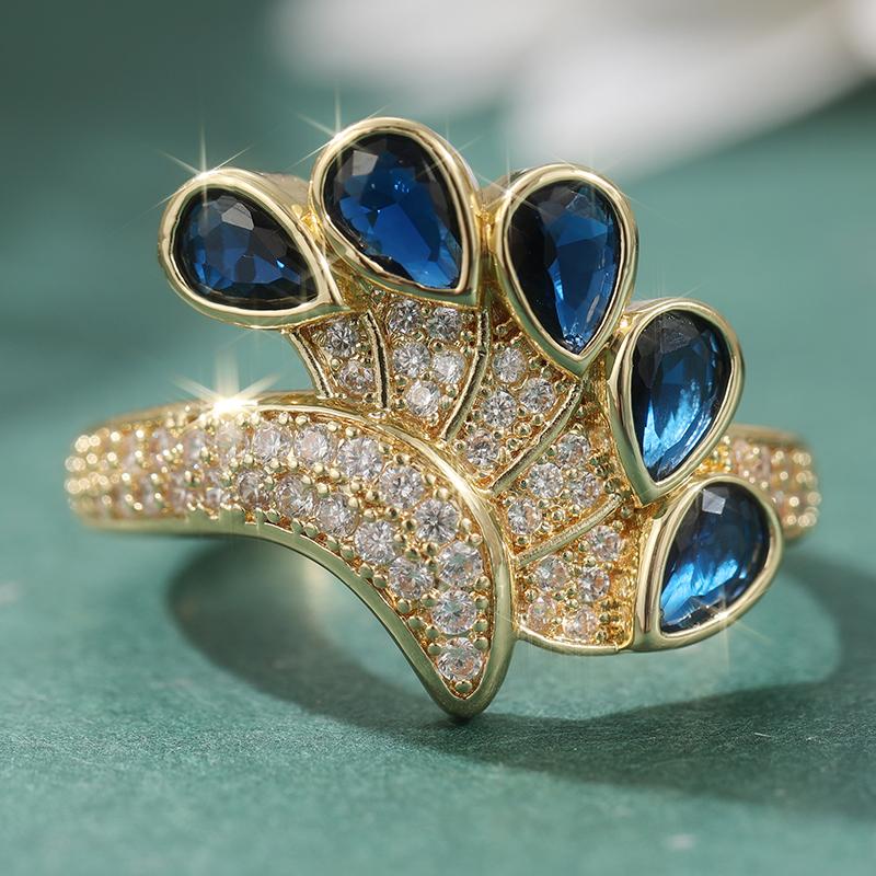 Gorgeous Micro Pave White Blue CZ Women's Ring Aesthetic Gold Color Water Droplet Daily Wear Party Jewelry Anniversary Gift