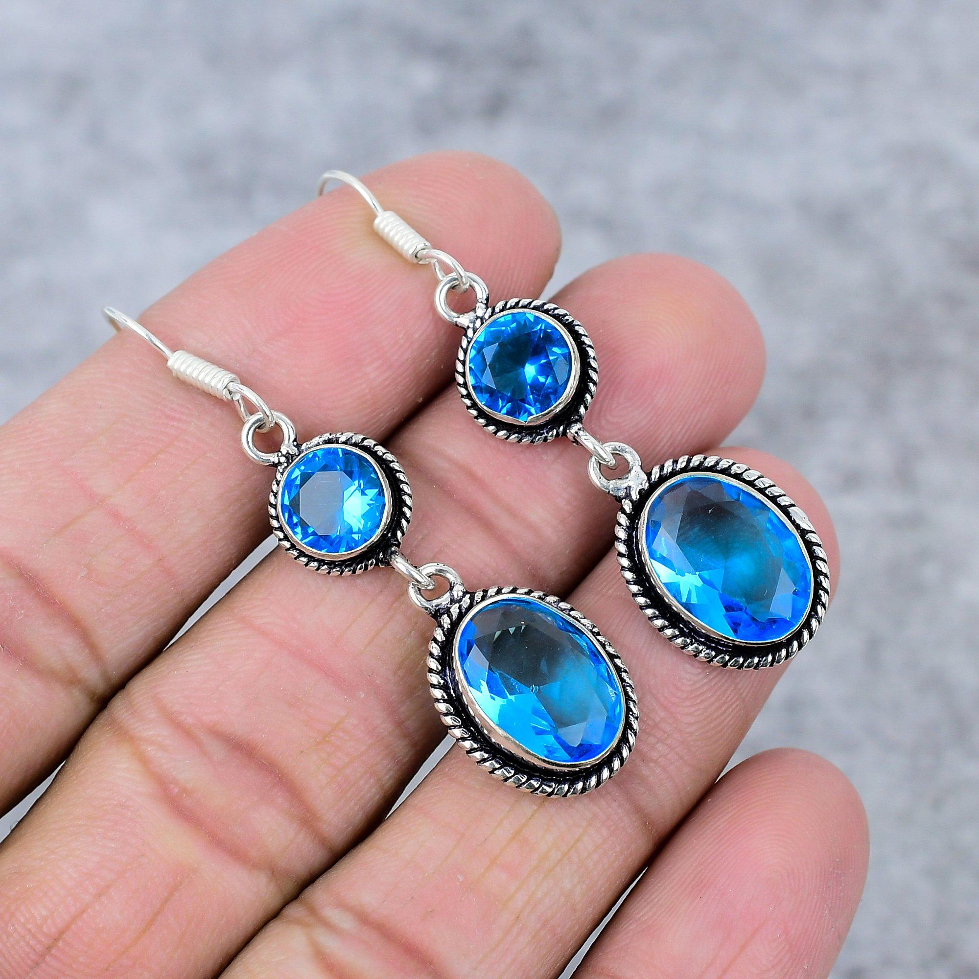 

Swiss Blue Topaz Gemstone Handmade 925 Sterling Silver Earring 2.56 M-337