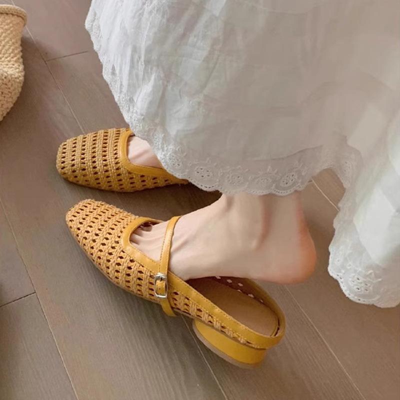 

Женская уличная обувь ретро плетеная дышащая одинарная обувь 2025 новая обувь мюли с ремешком на подъеме толстый каблук пляжные повседневные сандалии 40 жёлтый