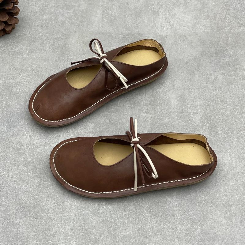 Johnature Handmade Genuine Leather Flat Slippers Round Toe Retro Soft Soled Women's Outdoor Slip-on Shoes