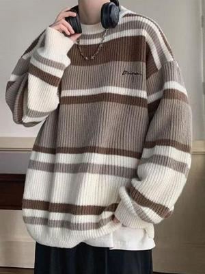 Herren Retro Gestreifter Color-Block Strickpullover - Lässige & Lockere Passform für Herbst/Winter