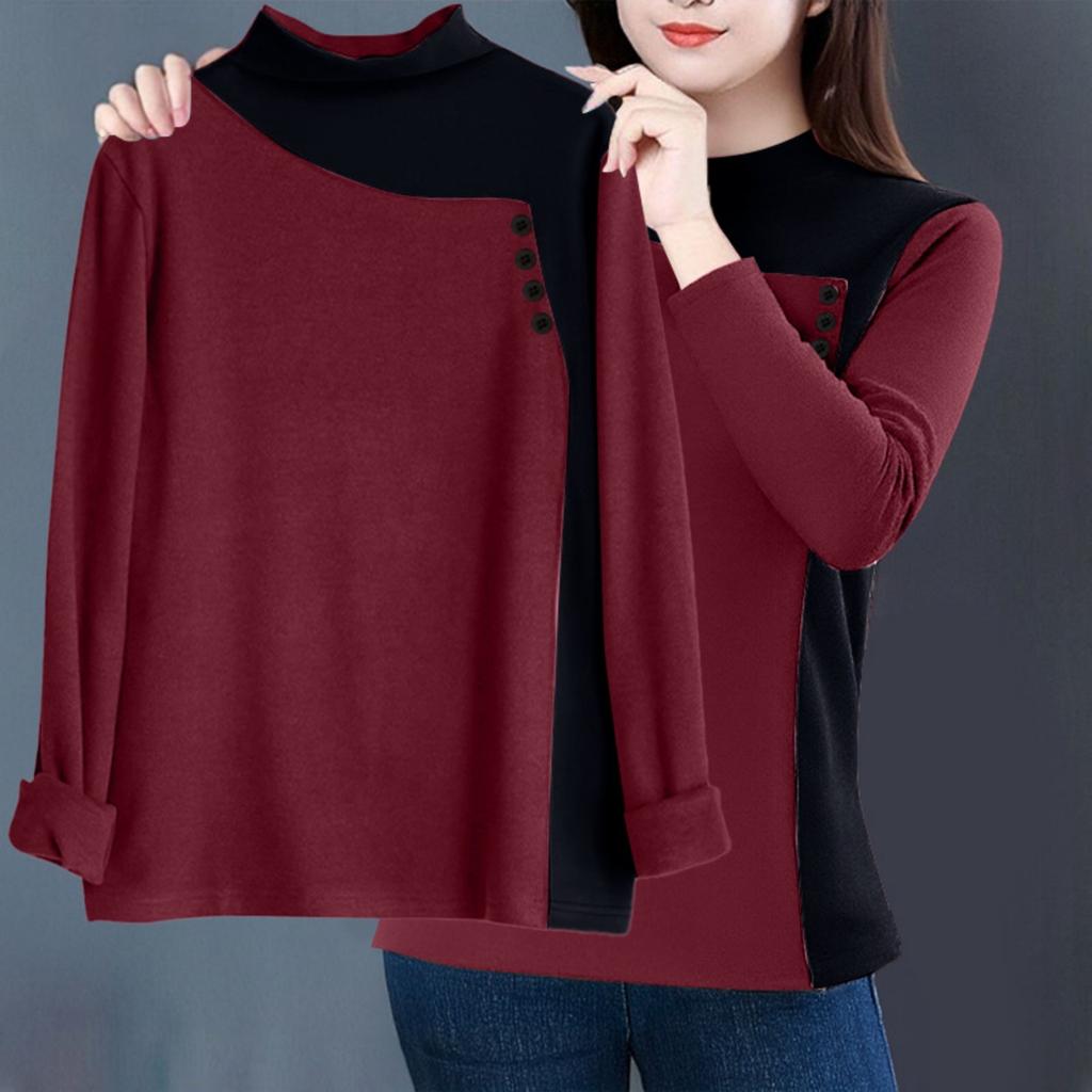 Fleece,lined Turtleneck Color,blocked Top With Button Embellishments For Added .