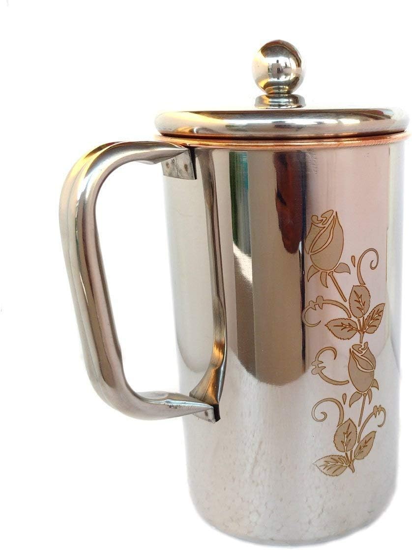 

Copper Jug Water Pitcher Flower Print Outside Stainless Steel Utensils Inside Copper 1500ml золотистый