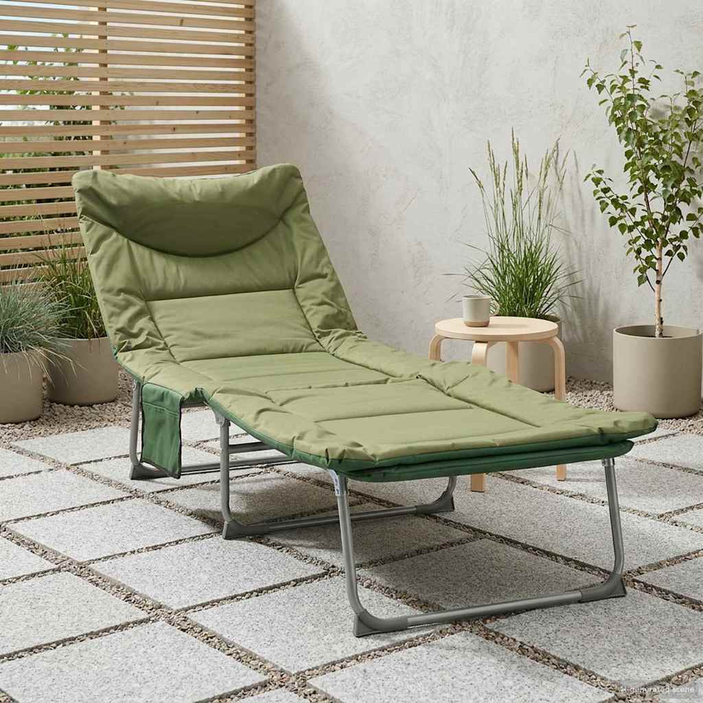 Folding Sun Lounger with Cushion Dark Green