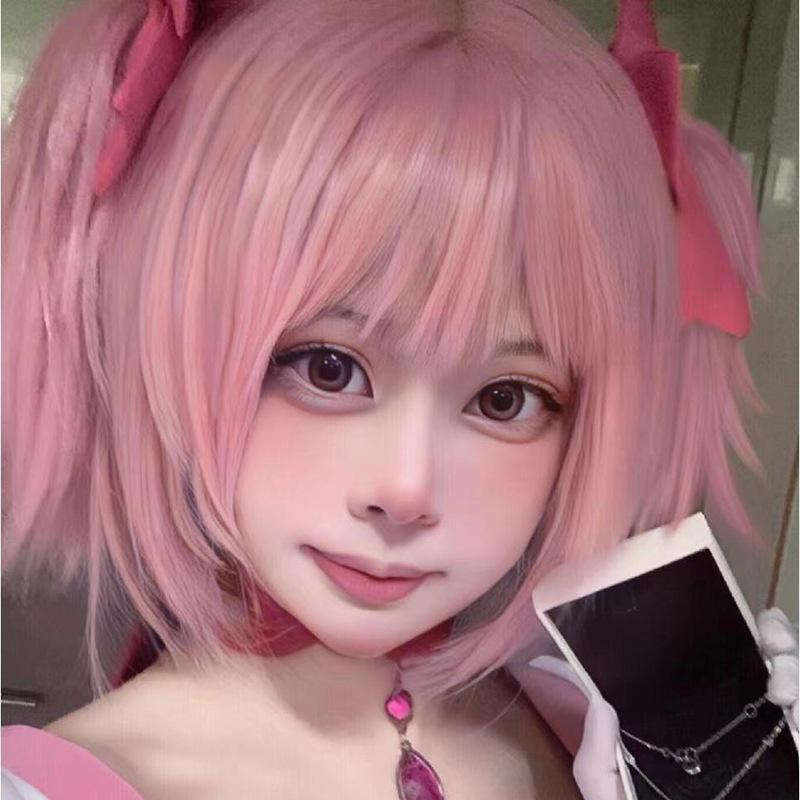 Kaname Madoka Cosplay Wig - Pink Short Straight Hair with Pigtails and Headgear