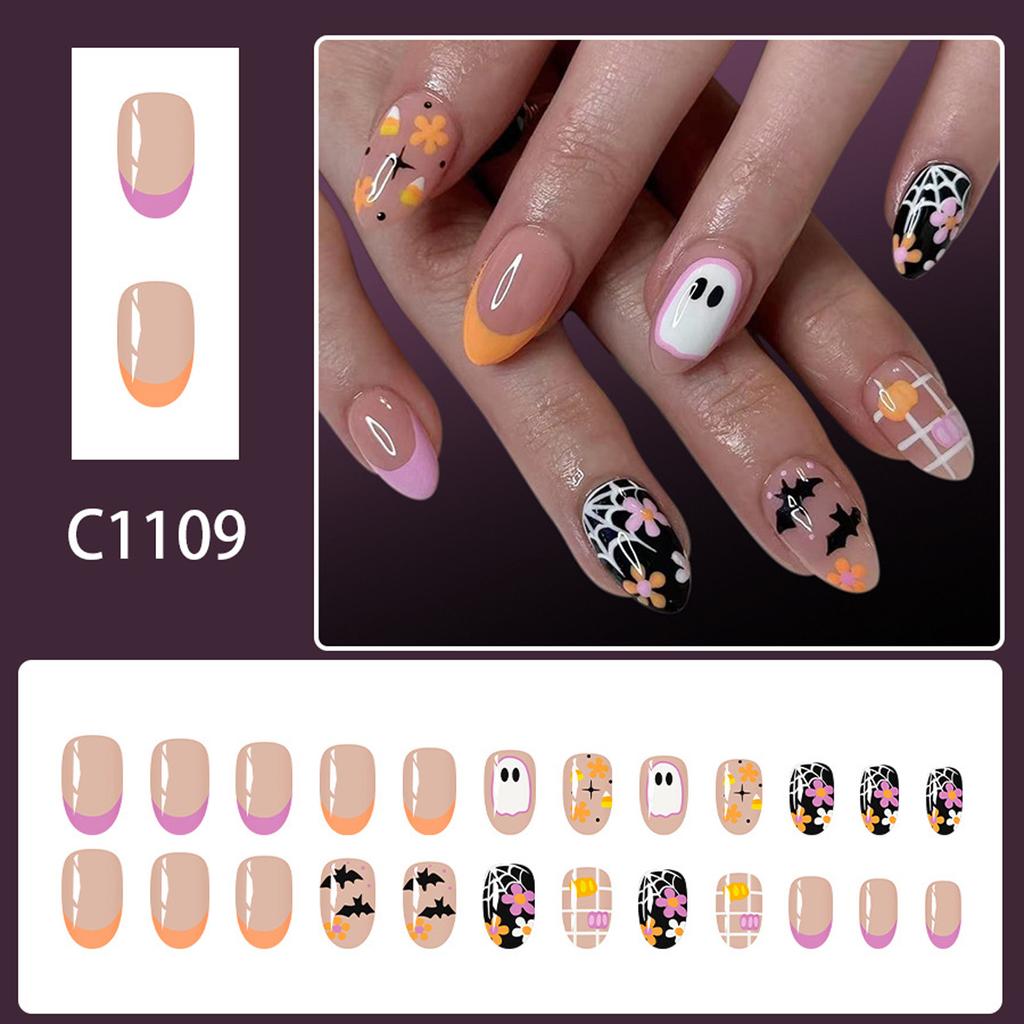 Halloween Press On Nails Almond Fake Nails Bat Acrylic Nails Glossy False Nails Stick On Nails Full Cover Fake Nails