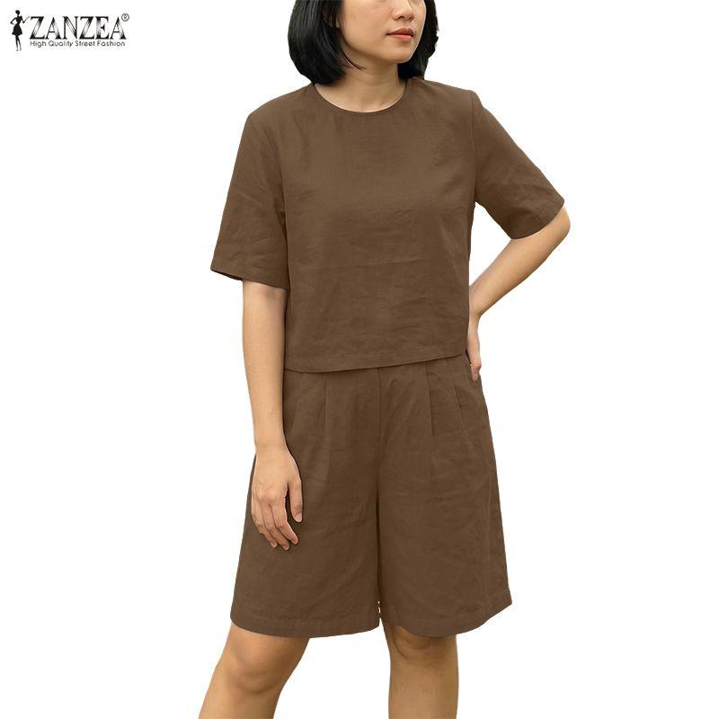 ZANZEA Women Short Sleeve Blouse and Shorts Casual Two Piece Sets