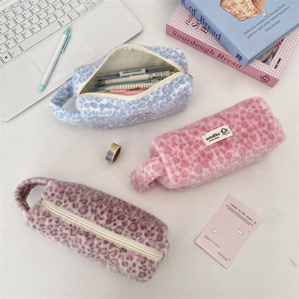 Ins Retro Leopard Plush Handheld Makeup Bag Female Cosmetic Bag Students Toiletry Bag High Beauty Pencil Case Stationery Pouch