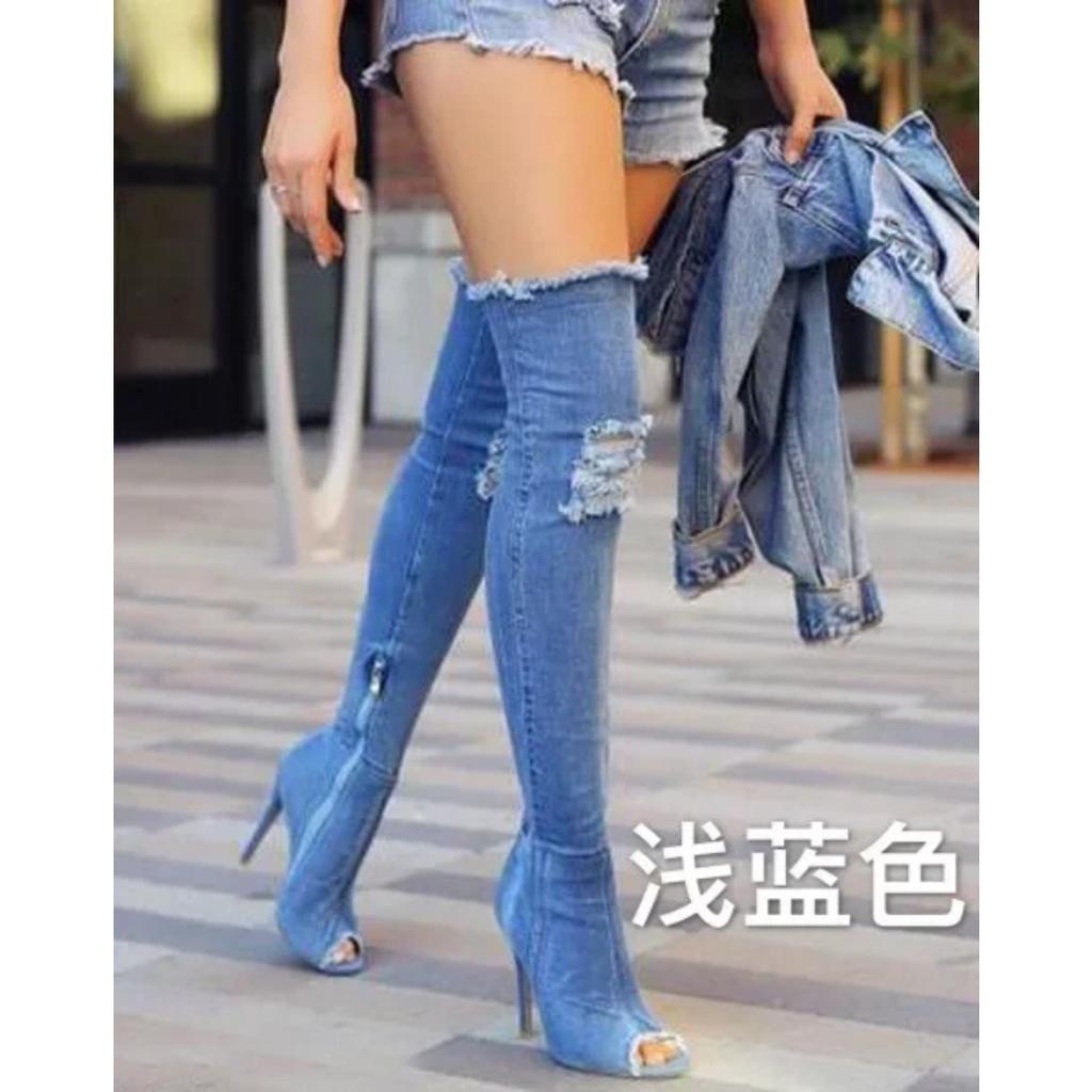 2025 Boots Women Summer Autumn Thigh High Peep Toe Over The Knee Boots Blue Denim Jeans Zipper Long Boots Shoes Ladies