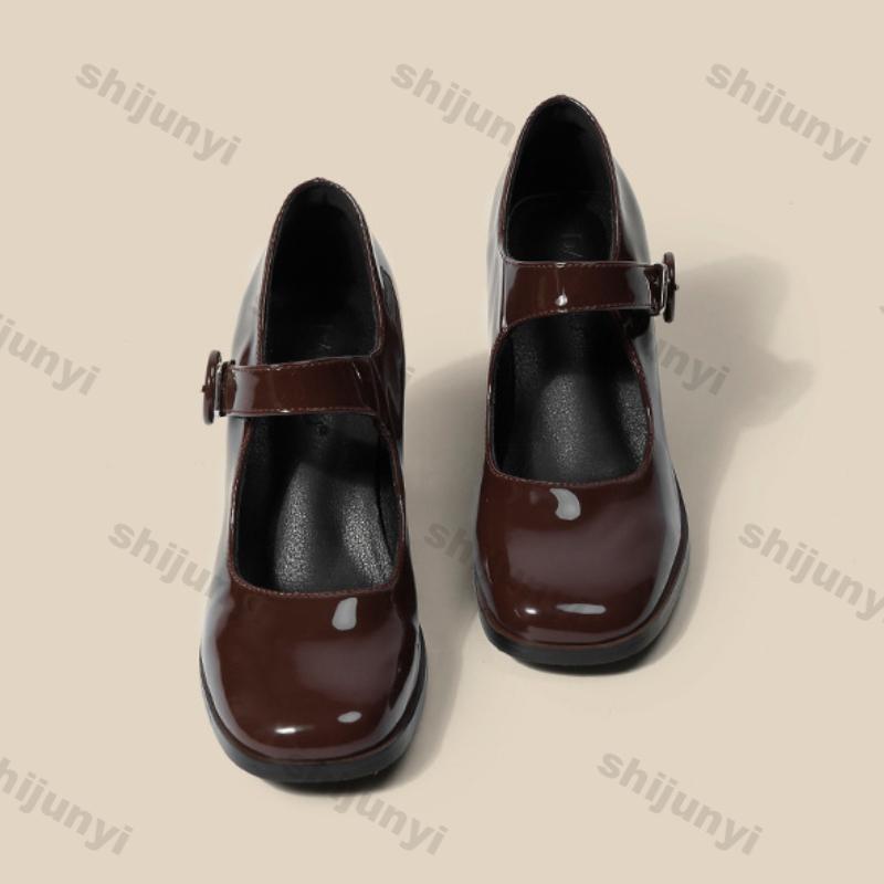 Woman Marie Janes Shoes Women British Style Black Chunky Heel Square Toe Single Shoe New Design Buckle Dress Shoes Elegant Pumps