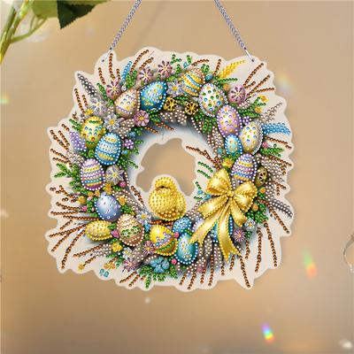 Couronne d'Oiseau de Pâques Simple Face 5D DIY Peinture Diamant Points Pendentif Poulet Art Diamant Pendentif Suspendu pour Décoration de Jardin Fenêtre