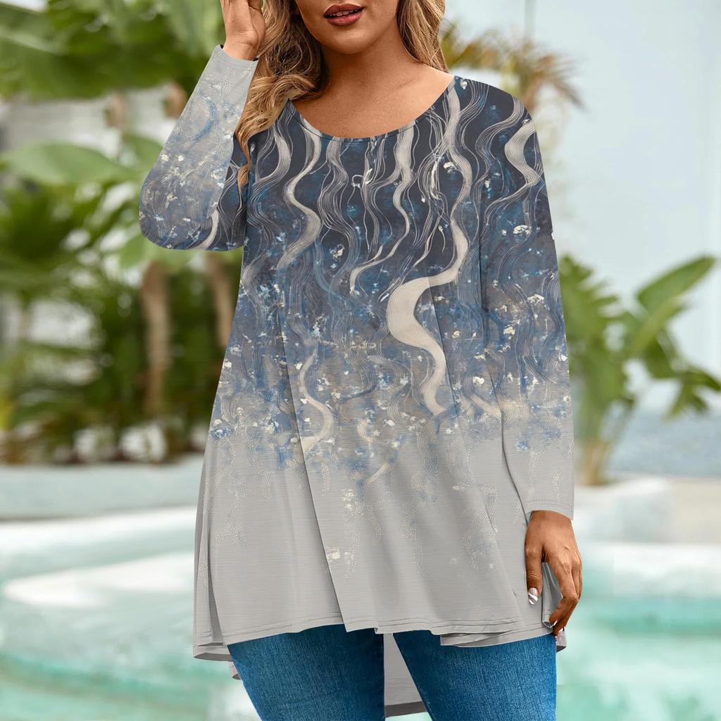Women's Fashion Large Size Round Neck Long Sleeve Casual Print Loose Pullover Top