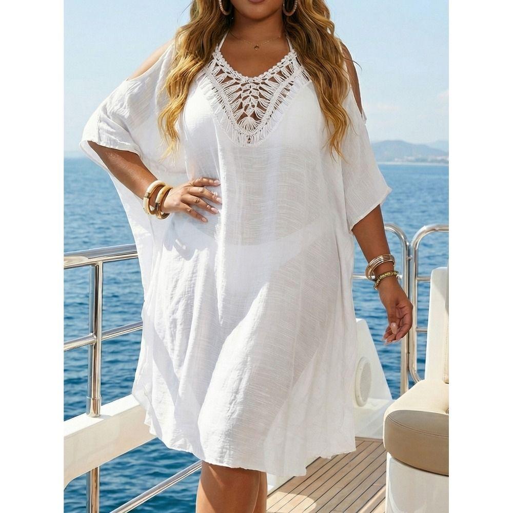 Fashion V Neck Swimsuit Cover Up Dress Hollow Out Backless Beachwear Shirt Loose Vacation Summer Sunscreen Smock for Women