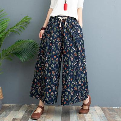 Sommer Damen Baumwolle Leinen Dünn Locker Große Größe Leinen Floral Acht Punkte Lässig Weitbein Hose