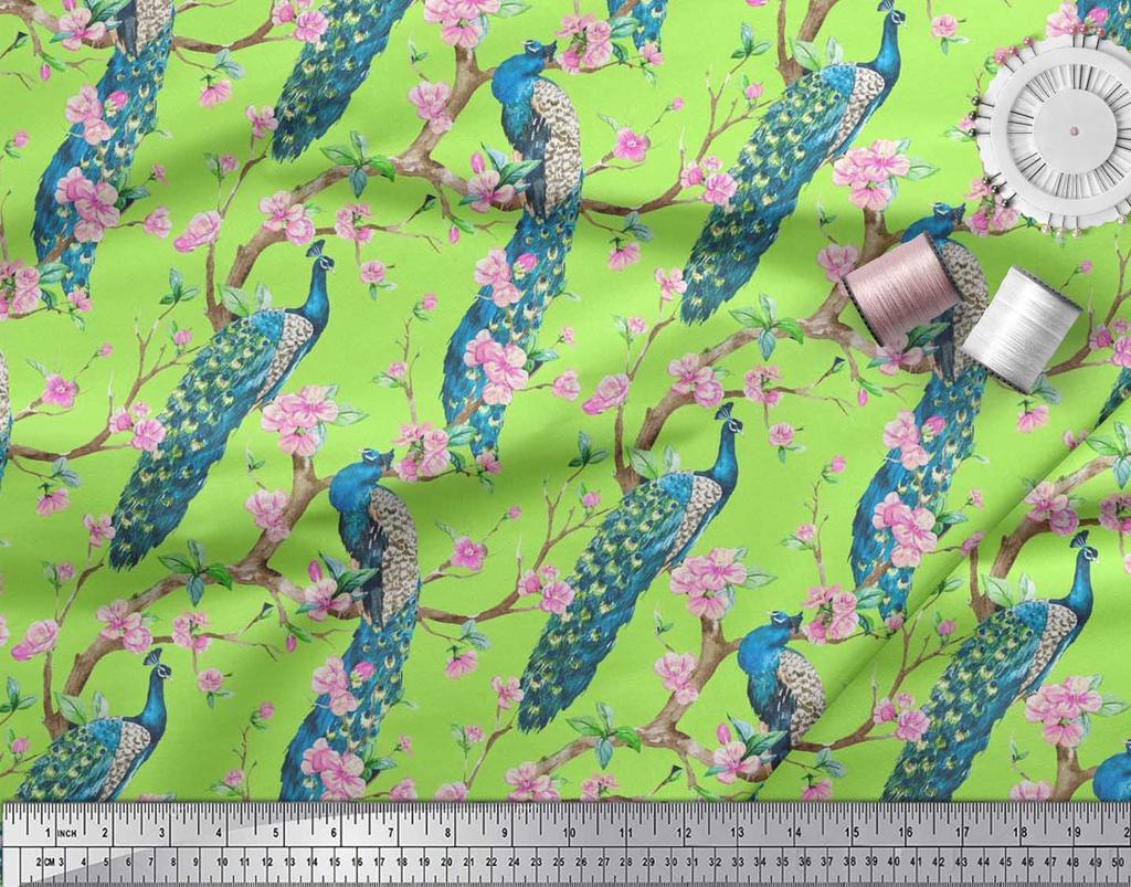 Soimoi Black Poly Crepe Fabric Pink Flower|Branch & Peacock Bird Print Fabric by the Yard 42 Inch