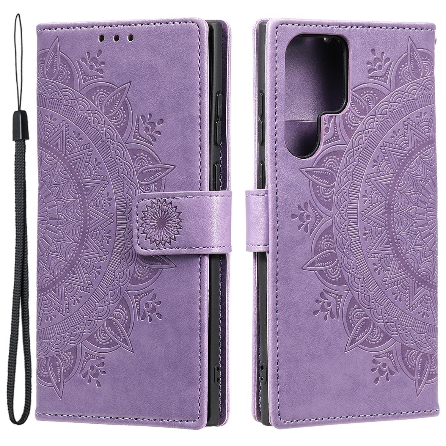 

For Samsung Galaxy S24 Ultra Case PU Leather Mandala Flower Stand Cover with Strap Purple