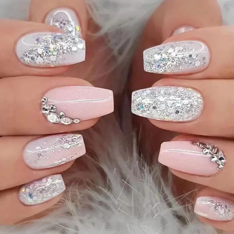 Set di 24 Unghie Balletto Corte Sfumate con Design Unghie Finte Semplici Bianche Unghie Finte a Bara Unghie Press-on Unghie Finte a Copertura Totale