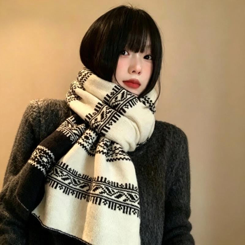 Fair Isle Knitted Winter Scarf Soft Cozy Warm For Outdoor Trips Daily Winter Wear