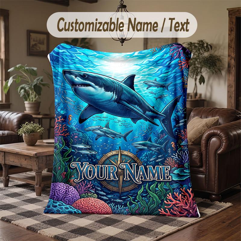 Ocean Adventure Whales Theme Throw Blanket Custom Name Text Personalized Blanket Soft Cozy Blanket for Home Sofa Bed