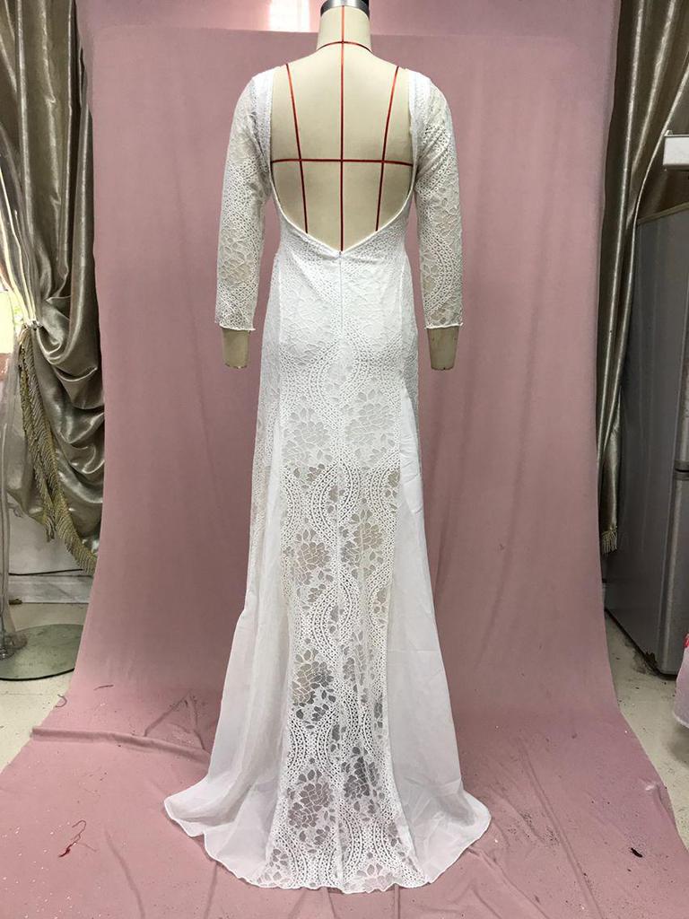 2025 Spring European & American Women's Round Neck Long Sleeve Backless Lace Print Dress