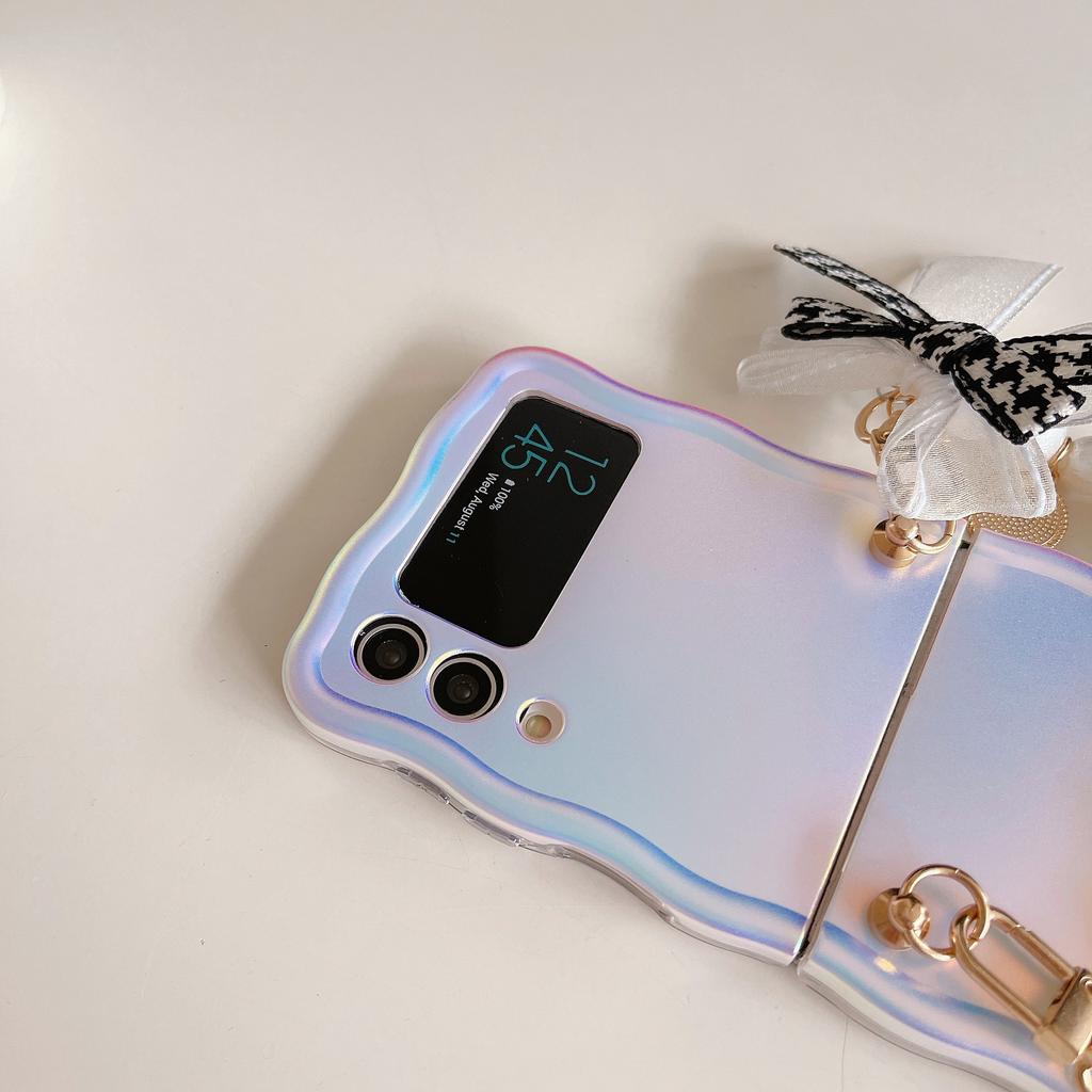 For Samsung Galaxy Z Flip4 5G Case TPU Shinny Laser Phone Cover with Pearl Bracelet