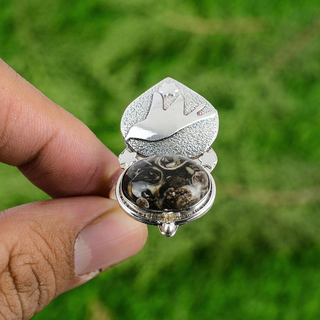 Turritella Agate Stone 925 Sterling Silver Statement Promise Bird Ring Jewelry
