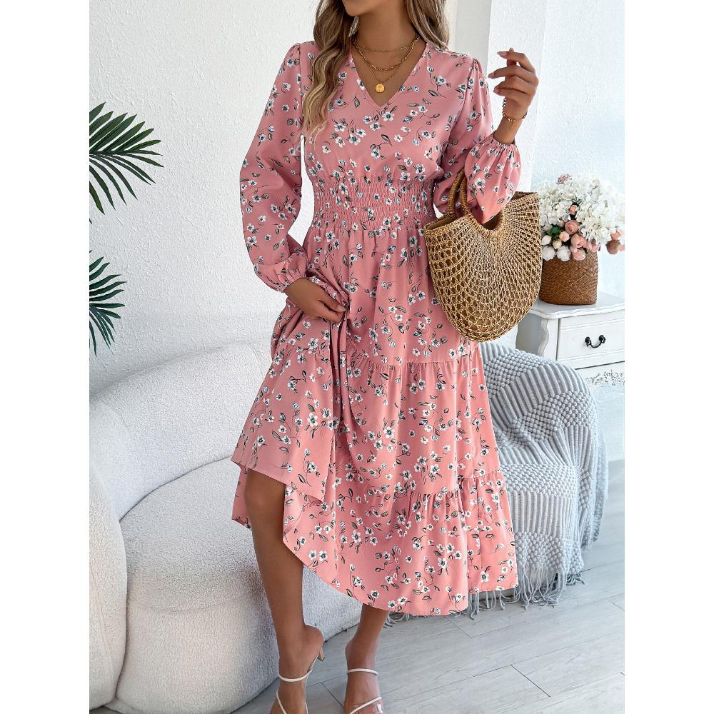 Robes Femme Mode Élégantes Florales Col V Manches Longues Taille Volants A-Ligne