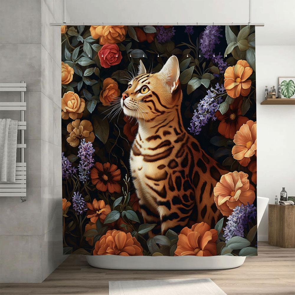 Tier-Duschvorhang Tiger Katze Blumendruck Badezimmerteppich Dekoration Wohnkultur Wasserdichtes Gewebe Duschvorhänge Für Badezimmerfliesen