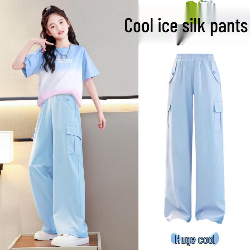 Moonkids Girls  Summer Ice Silk Wide-Leg Cargo Pants 140 cm