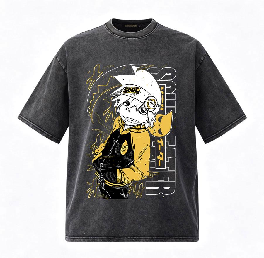 Vintage Washed Anime Soul Eater Soul Evans T Shirts Men Women Clothing Fashion T-shirt Harajuku Oversized Short Sleeve T-shirts S