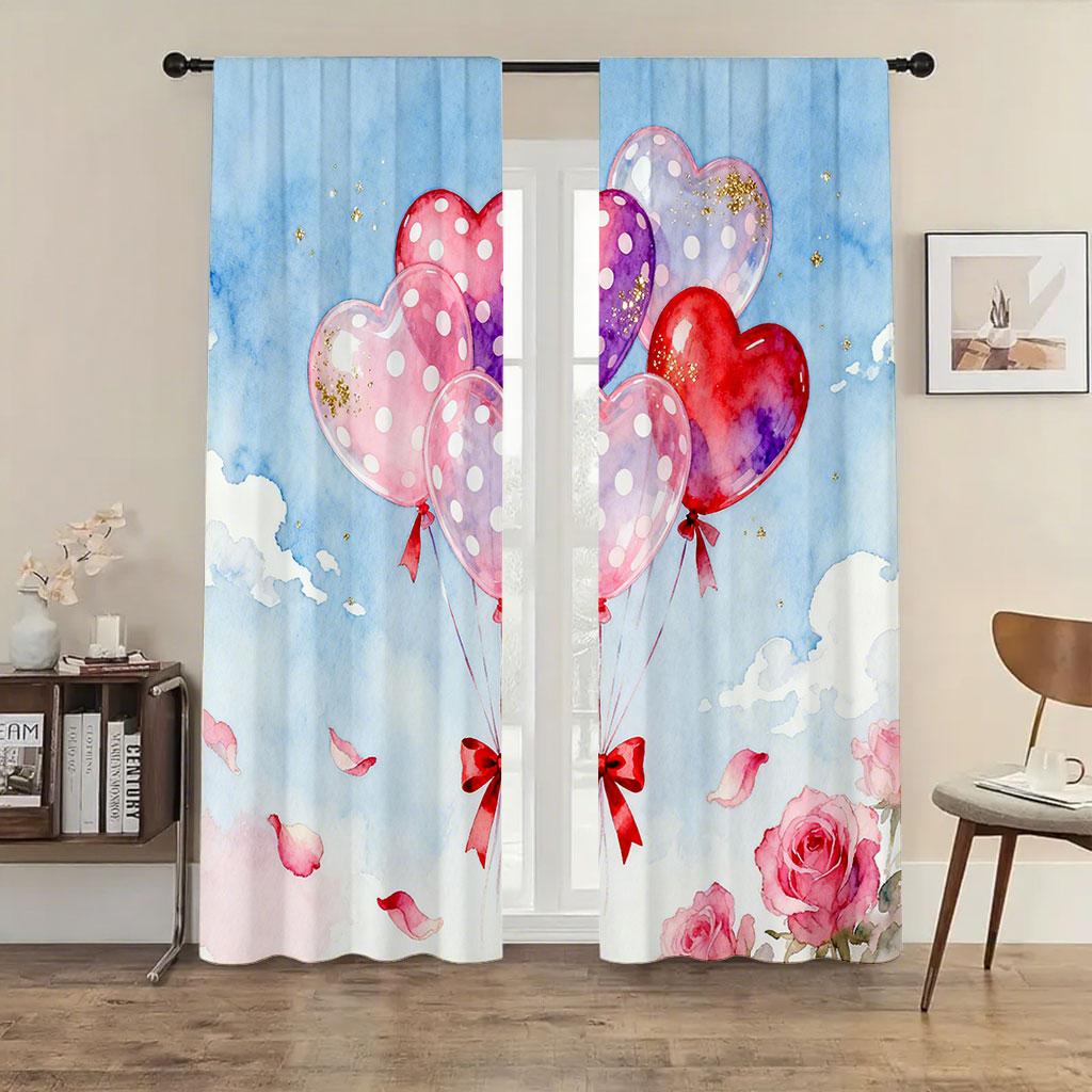 

Watercolor Heart Balloon Rose Curtains Perfect Valentine Day Window Decor Sweet Home Bedroom Living Room Curtain Set Of 2 Made Polyester Washable W100*H70(CM)-Hooks&2PCS