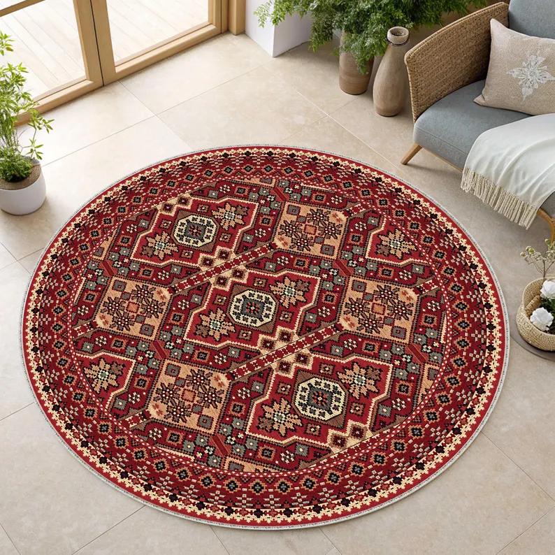 Red Oriental Tribal Geometric Round Rug Non Slip Washable Mat For Living Room