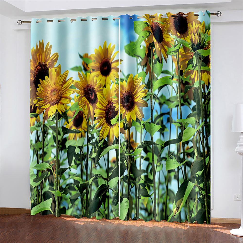 Sunflower Printed Woven Curtains Bedroom Blackout Curtains with Two Independent Curtains On The Left and Right