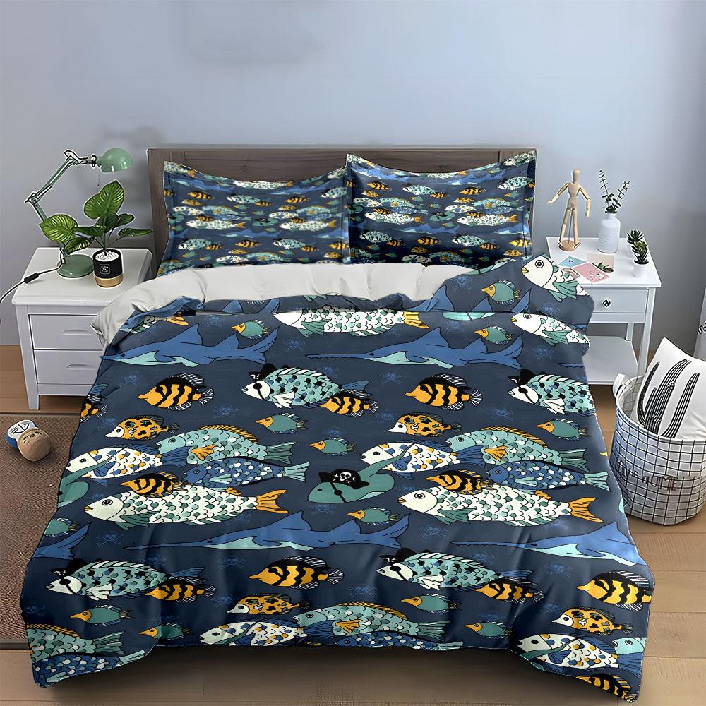 Cartoon Pirate Fish Pattern Bedding Duvet Cover Set (1*Duvet Cover 2*Pillowcases, without duvet insert)