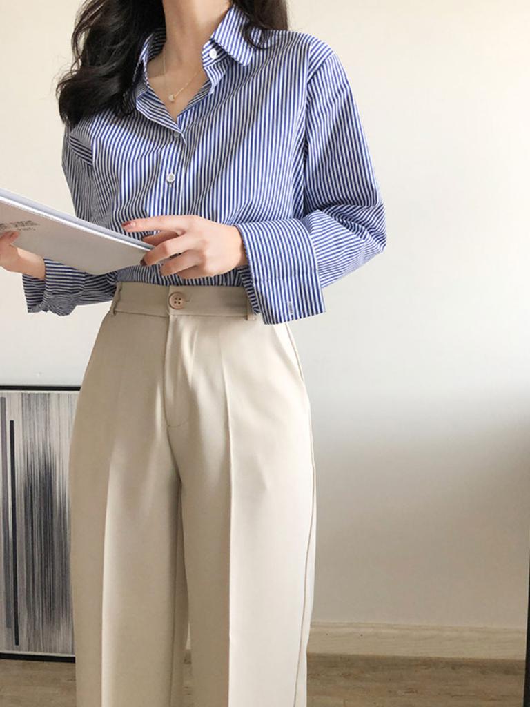 Casual Striped Shirt for Women Long-sleeved Loose Professional Shirt Blue Cardigan Tops Female Clothing Autumn