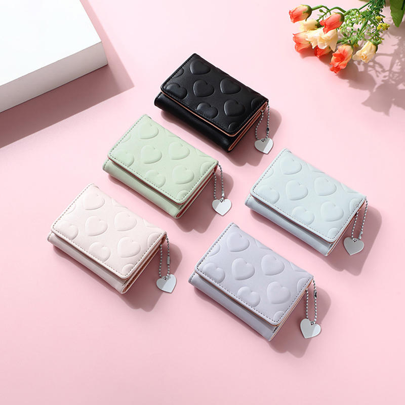 Women Cute Heart Embossed Slim Leather Wallet Small Trifold Wallet Cash Pocket Card Holder with ID Window