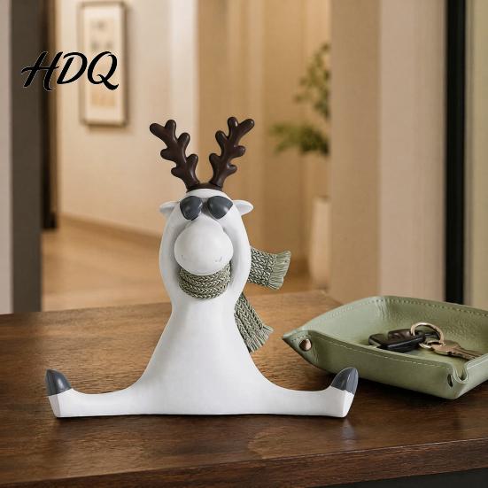 Christmas Shelf Decor Nordic Minimalist Resin Reindeer Figurine with Knitted Scarf Cute Healing Deer Statue Matte White Elegant Elk Statues