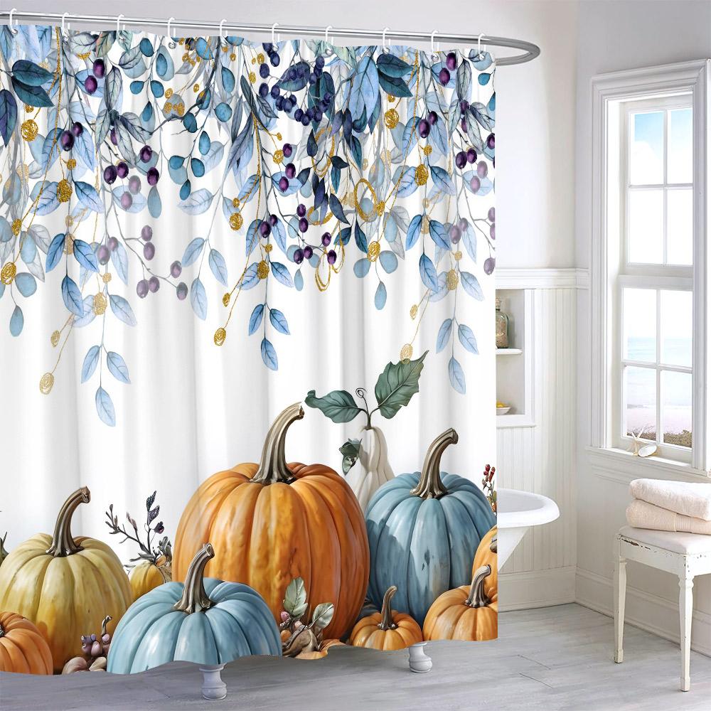 Autumn Watercolour Leaves Pumpkin Shower Curtain Maple Leaves Thanksgiving Gift Polyester Printed Shower Curtains Bathroom Decor