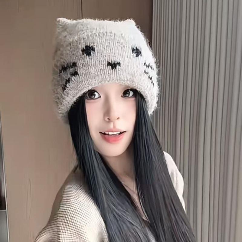 Korean cat ears cute knitted hat women's autumn and winter cold and warm ear protection wool hat sweet versatile bald hat