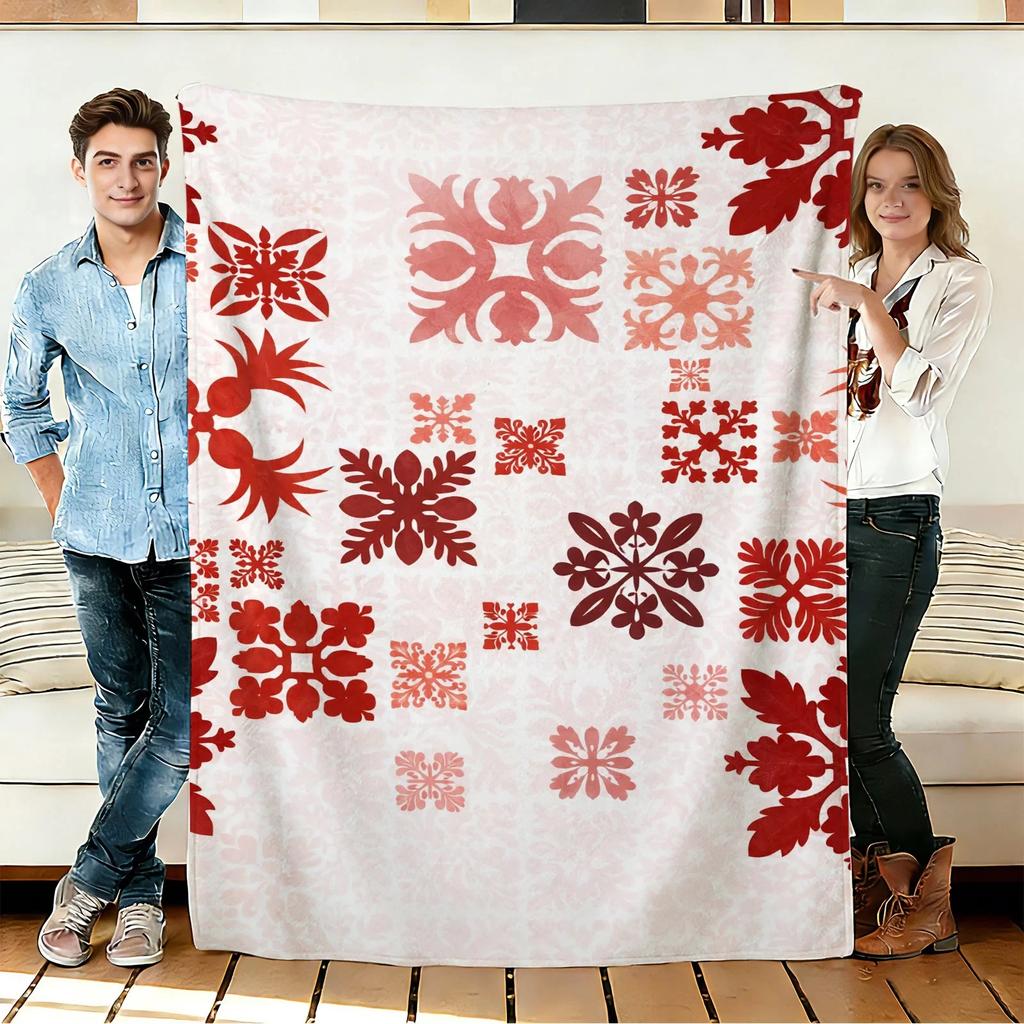Red Floral Pattern Flannel Blanket Soft Cozy Throws Napping Travel Use