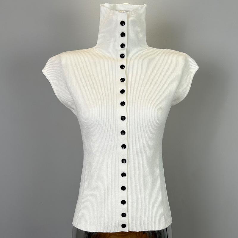 Korean Dongdaemun New Arrival: Feminine High-Neck Sleeveless Knitted T-Shirt