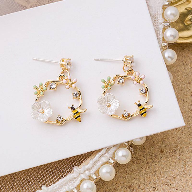 Women's Elegant Bee Flower Circle Painting Oil Rhinestone Animal Stud Earrings New Trend Girls Party Wedding Jewelry Brincos