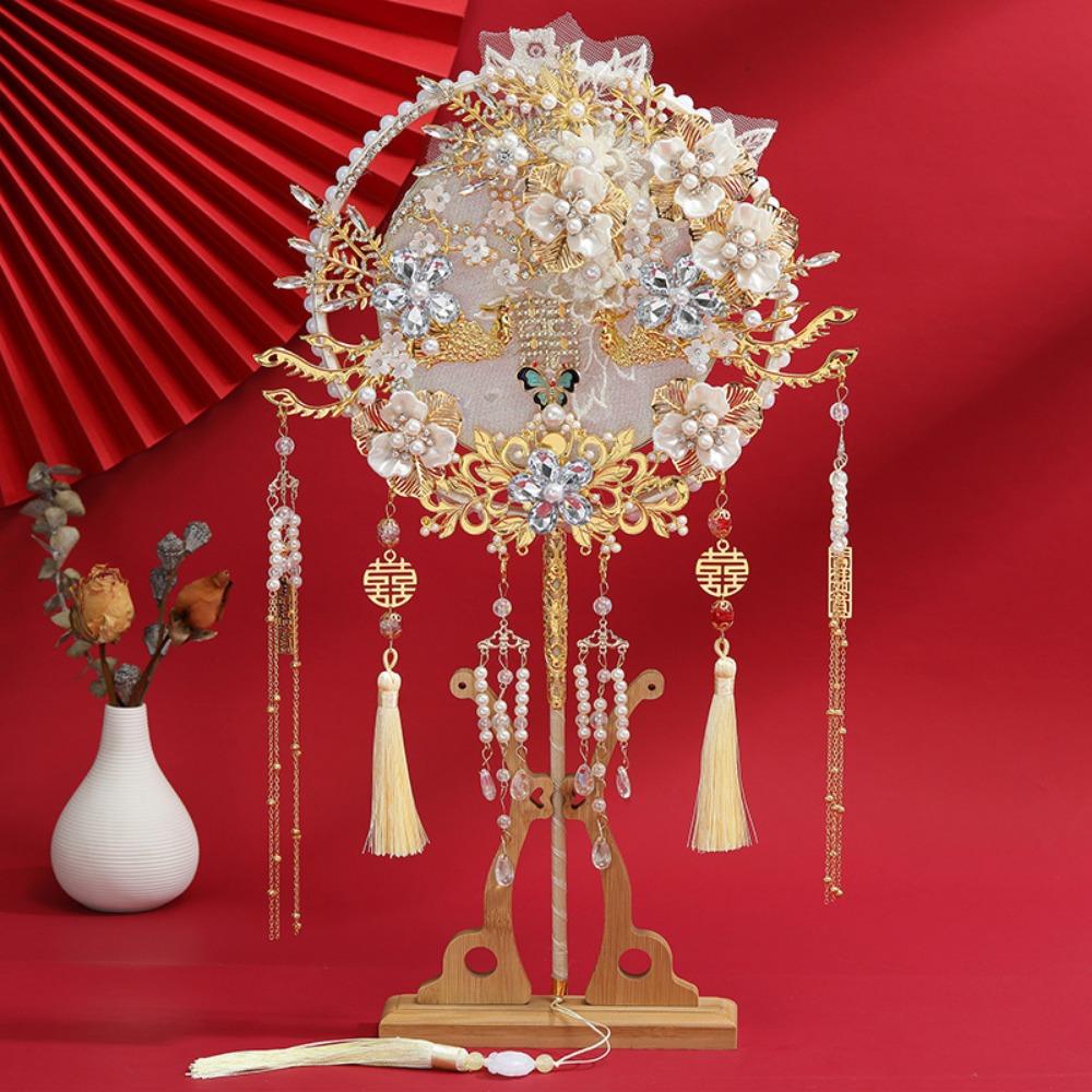 Long Handle Wedding Show Fan Antique Style Decorative Fan Bride Hand Held Fan  for Covering Face