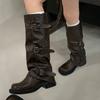 Eilyken Winter Vintage Round Toe Square Heels Women Knee High Boots Designer Narrow Band Belt Buckle Comfortable Shoes